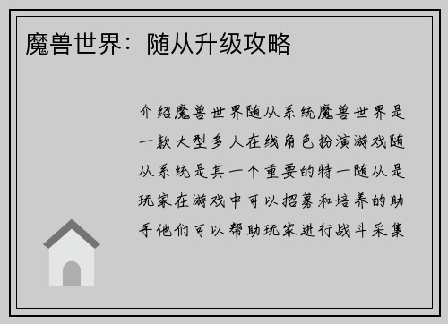 魔兽世界：随从升级攻略